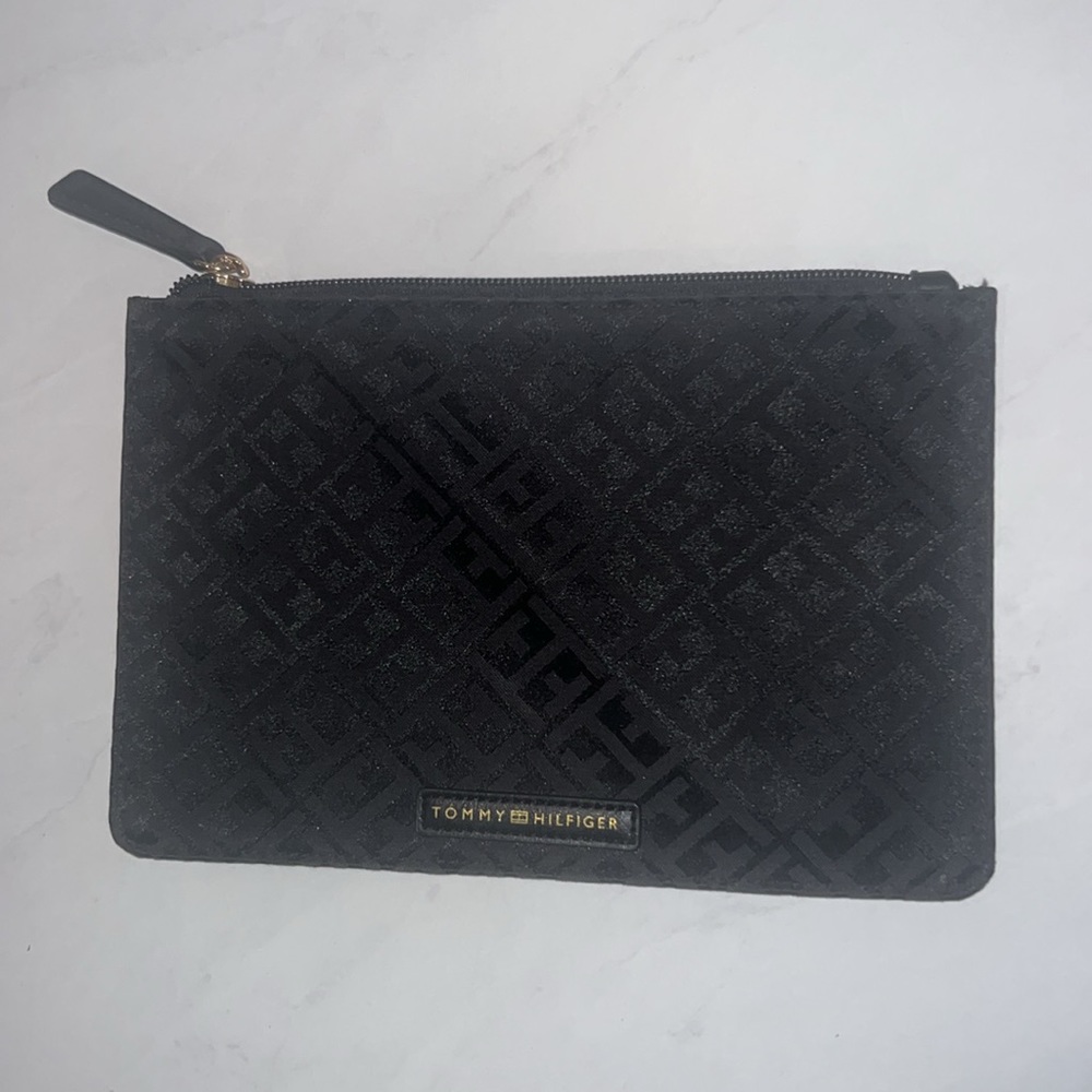 Tommy Hilfiger black clutch pocket bag purse slim gold metal zipper bag 9” x 6” - Picture 4 of 11